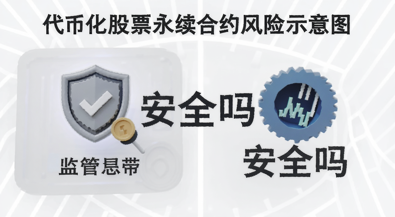 代币化股票永续合约风险示意图,画面显示监管灰色地带和智能合约漏洞图标,文字标注“安全吗”