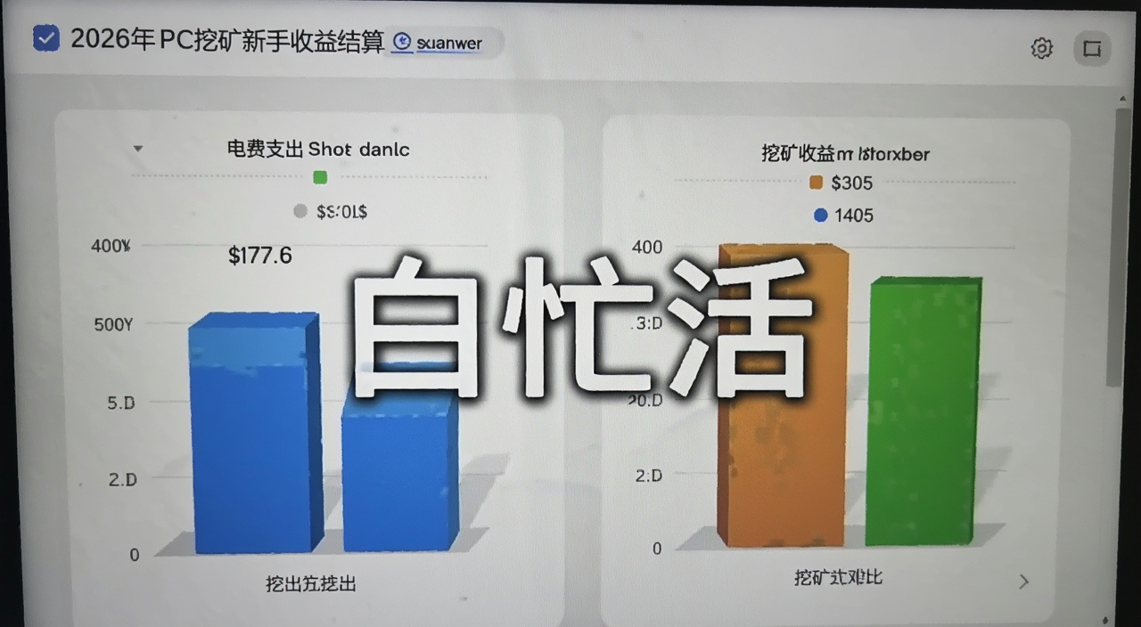 2026年PC挖矿新手收益结算界面,显示电费支出和挖矿收益对比,画面写实风格,带“白忙活”字样