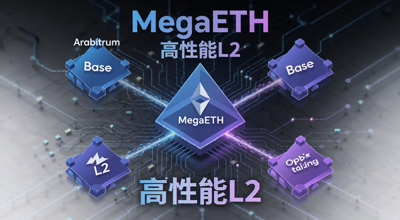 MegaETH是什么?高性能以太坊L2网络解析与优势对比,一张科技感十足的以太坊L2网络架构图,中心是MegaETH节点,周围连接Arbitrum、Base、Optimism等L2,画面带有“MegaETH”和“高性能L2”字样,蓝色紫色渐变风格