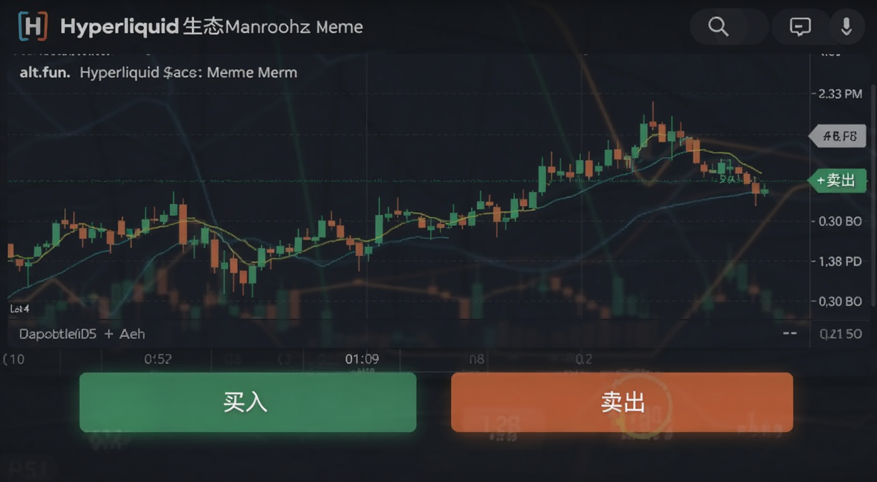 alt.fun交易界面截图,显示Hyperliquid生态Meme代币的K线图和买卖按钮,文字标注