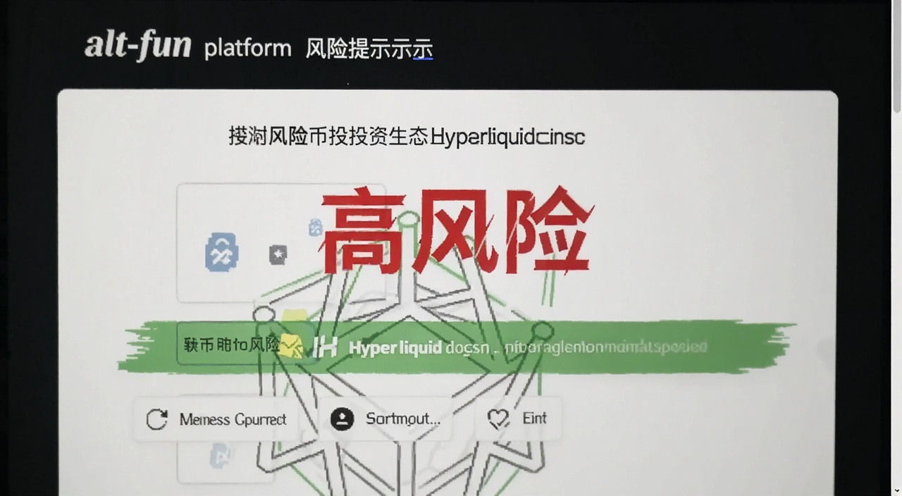 alt.fun平台风险提示页面,画面显示Meme币投资风险警告和Hyperliquid生态标识,文字标注