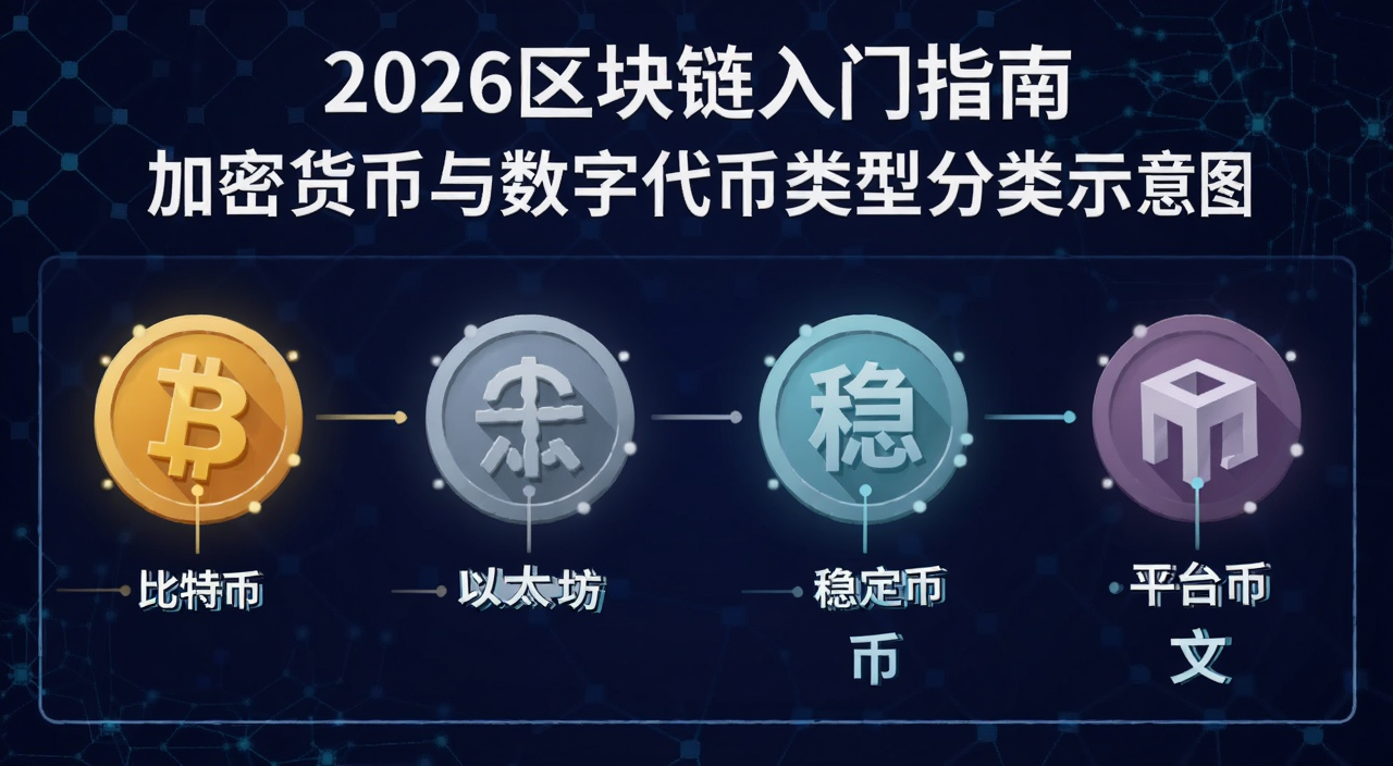 2026区块链入门指南 加密货币与数字代币类型分类示意图 包含比特币 以太坊 稳定币 平台币 文字标注