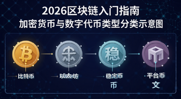 2026区块链入门指南 加密货币与数字代币类型分类示意图 包含比特币 以太坊 稳定币 平台币 文字标注