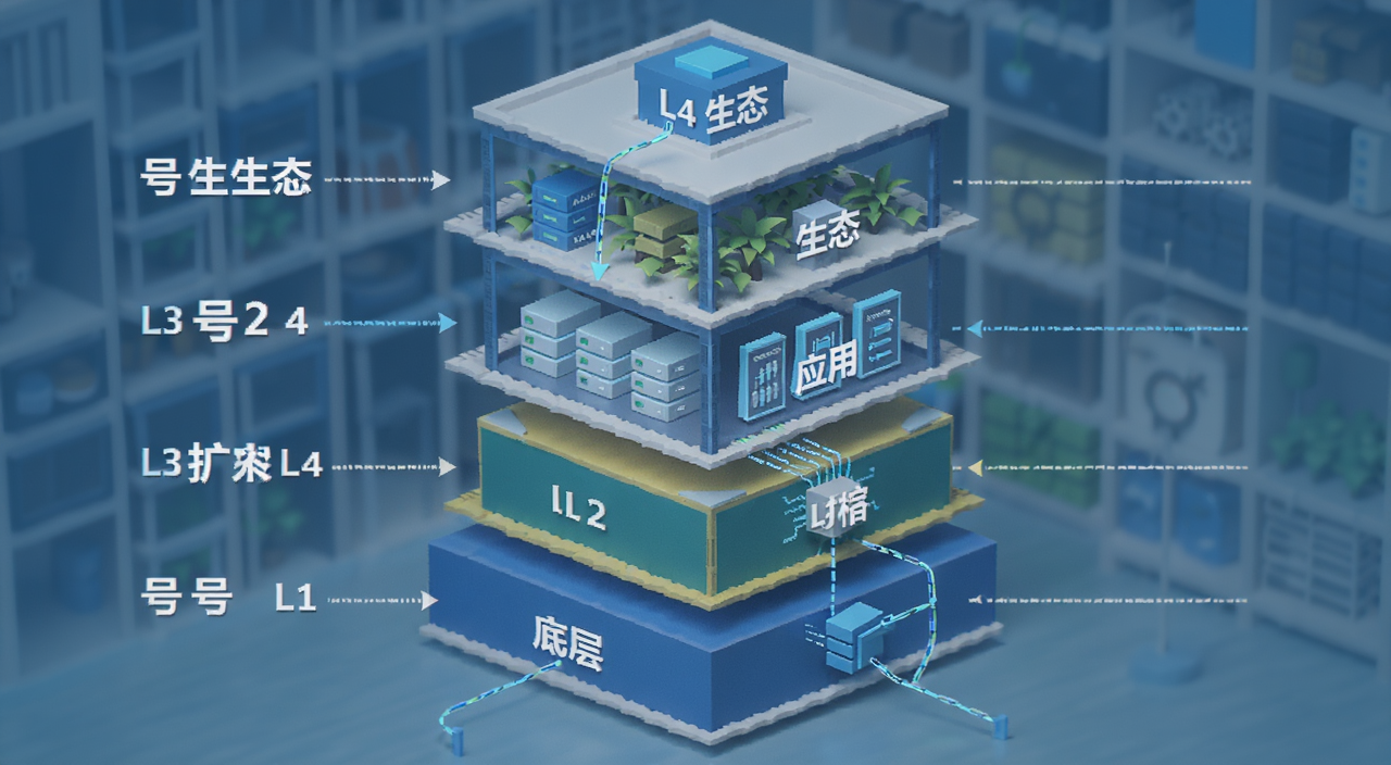 区块链L1 L2 L3 L4分层结构示意图,用四层楼房的比喻展示底层主链到应用层,标注“L1底层”“L2扩容”“L3应用”“L4生态”,文字用“号注明