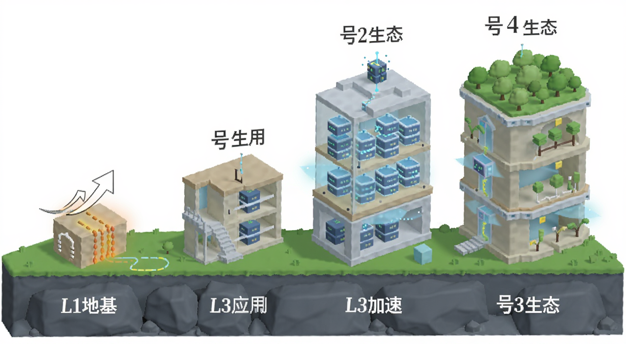区块链L1 L2 L3 L4四层关系图,用楼房比喻,标注“L1地基”“L2加速”“L3应用”“L4生态”,文字用“号注明