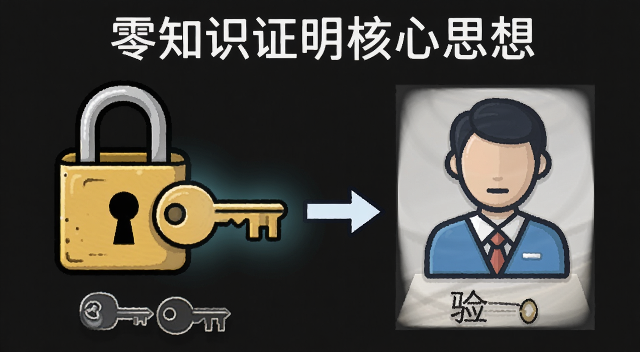 零知识证明核心思想示意图,用锁和钥匙代表秘密,旁边有验证者图标,文字标注“零知识证明核心思想”
