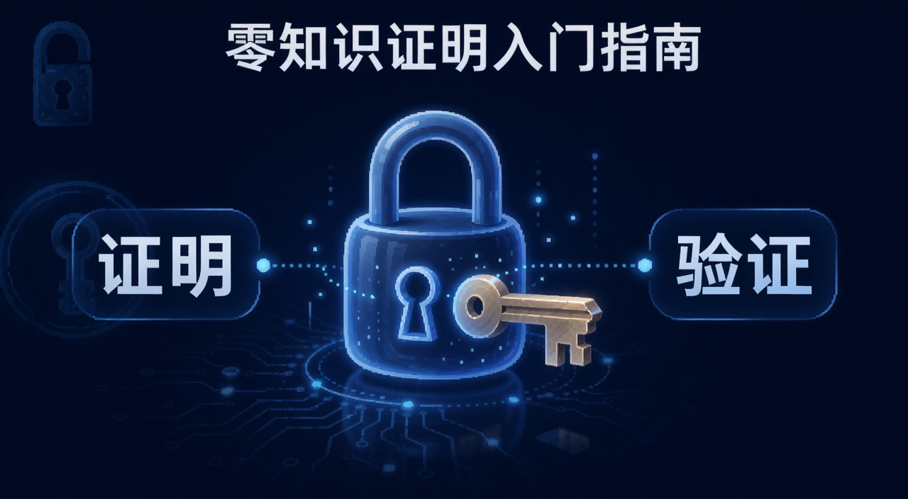 零知识证明入门指南概念图,画面中央是锁和钥匙的抽象图形,旁边标注“证明”和“验证”两个词,风格简洁科技感,背景深蓝色,文字用中文标注“零知识证明入门指南”