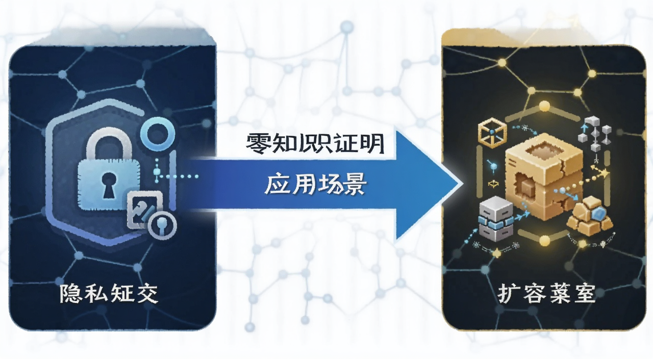 零知识证明应用场景示意图,左边是隐私交易图标,右边是扩容方案图标,中间用箭头连接,文字标注“零知识证明应用场景”