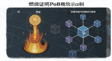 燃烧证明PoB概念示意图,一个代币被投入火焰中销毁,旁边显示区块链节点获得记账权,标注什么是燃烧证明PoB,区块链共识机制