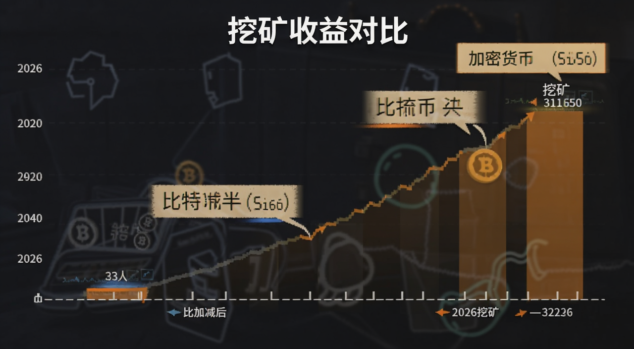 比特币减半后加密货币挖矿收益对比图,图中标注2026年主流币种挖矿日收益,文字用“挖矿收益对比”注明