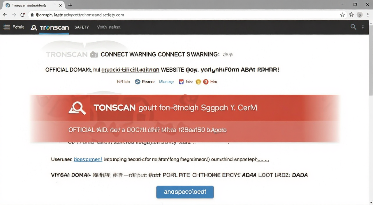 TronScan安全提示页面截图,显示连接钱包警告和官方域名,用于提醒用户防范钓鱼网站