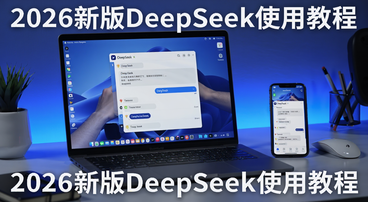 一文解析DeepSeek使用教程封面图,画面中一台笔记本电脑屏幕显示DeepSeek对话界面,旁边有手机同步展示,桌面整洁,科技感蓝色调,图中文字标注“2026新版DeepSeek使用教程”