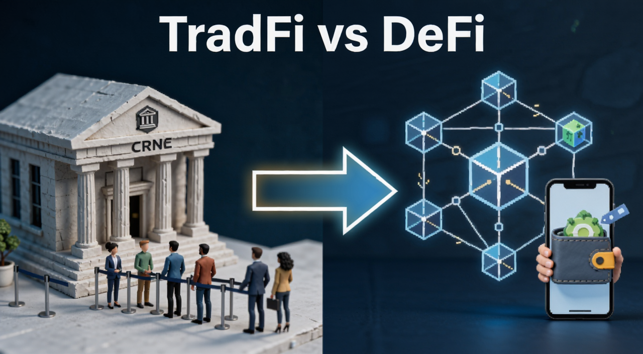 什么是TradFi?TradFi与DeFi的深度对比及未来展望 概念示意图,画面左侧画传统银行大楼和排队的人,右侧画区块链节点和手机钱包,中间用箭头连接,顶部用大字标注“TradFi vs DeFi”