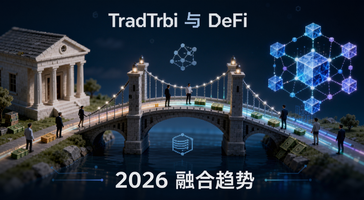 TradFi与DeFi未来融合趋势图,画面中间画一座桥连接传统银行和区块链网络,桥上有人和资金流动,底部用文字标注“2026 融合趋势”