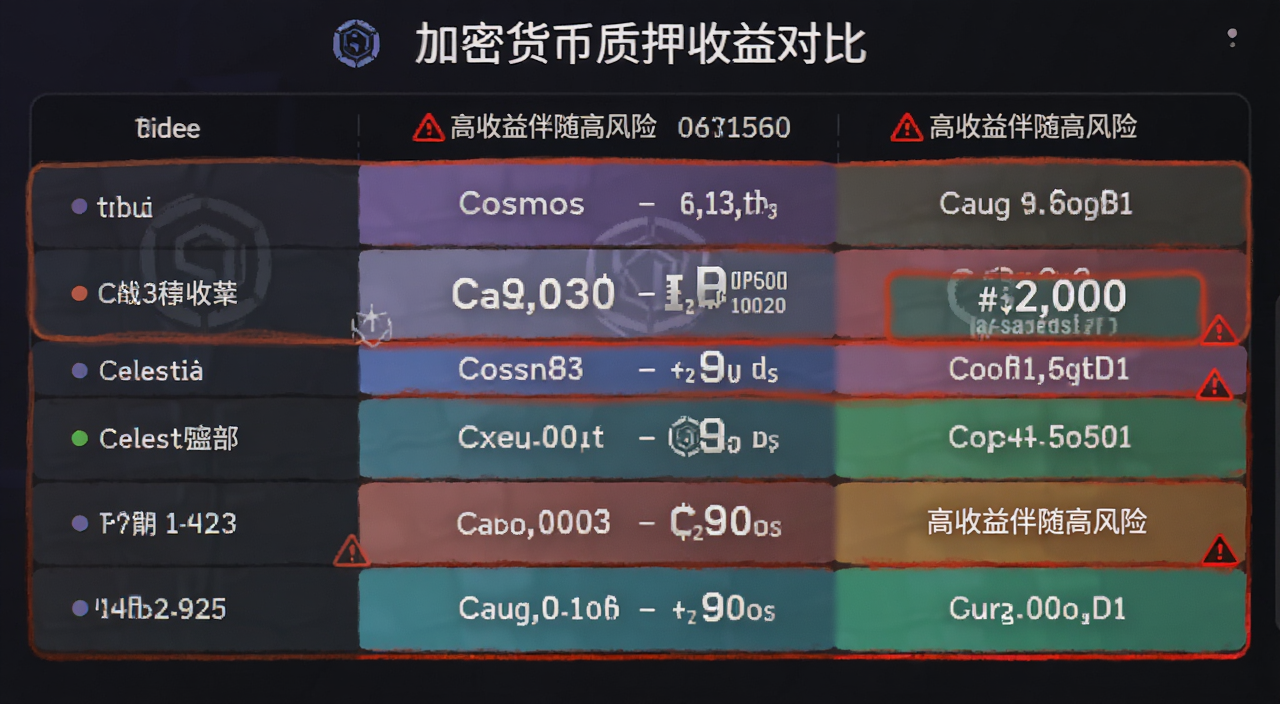 加密货币质押收益对比表格,突出显示Cosmos和Celestia等高收益币种,标注“高收益伴随高风险”