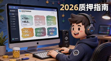 加密货币质押教程与高收益币种盘点,画面中一个卡通人物面对电脑屏幕,屏幕上显示质押界面和多个币种年化收益率,旁边有文字标注“2026质押指南”