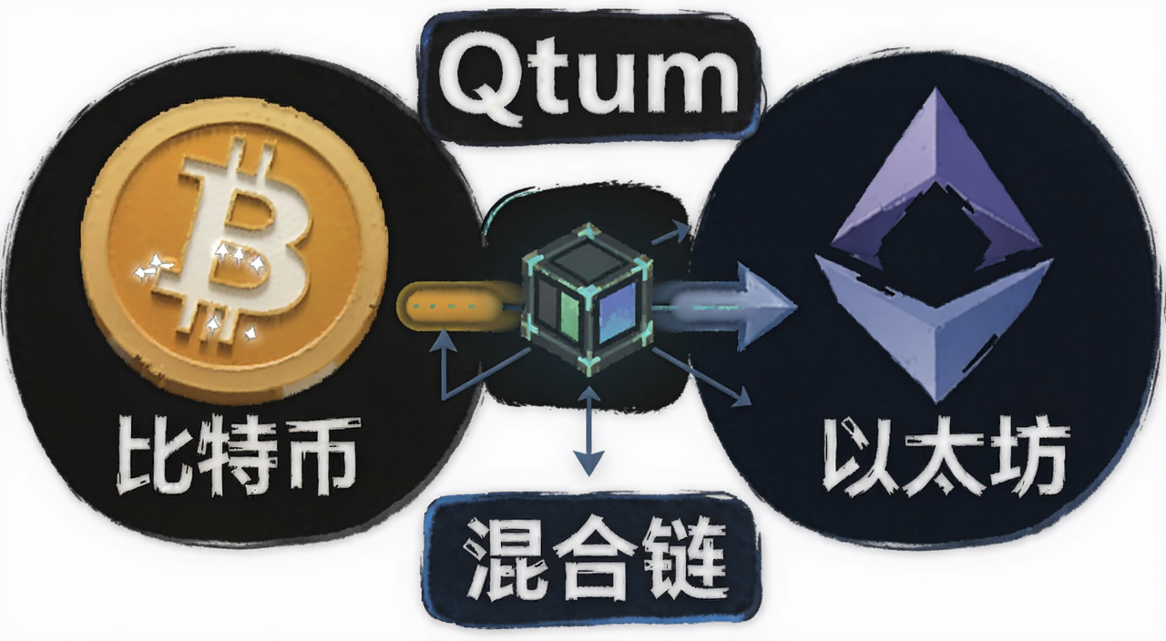 Qtum是什么 融合了比特币和以太坊的混合区块链 一文解析 概念图,图中用文字标注“Qtum”“比特币”“以太坊”“混合链”