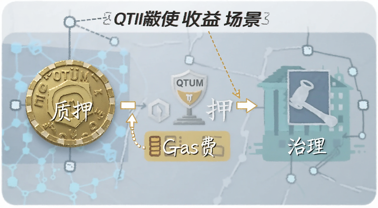 QTUM币 质押 收益 使用场景 示意图,图中用文字标注“质押”“Gas费”“治理”