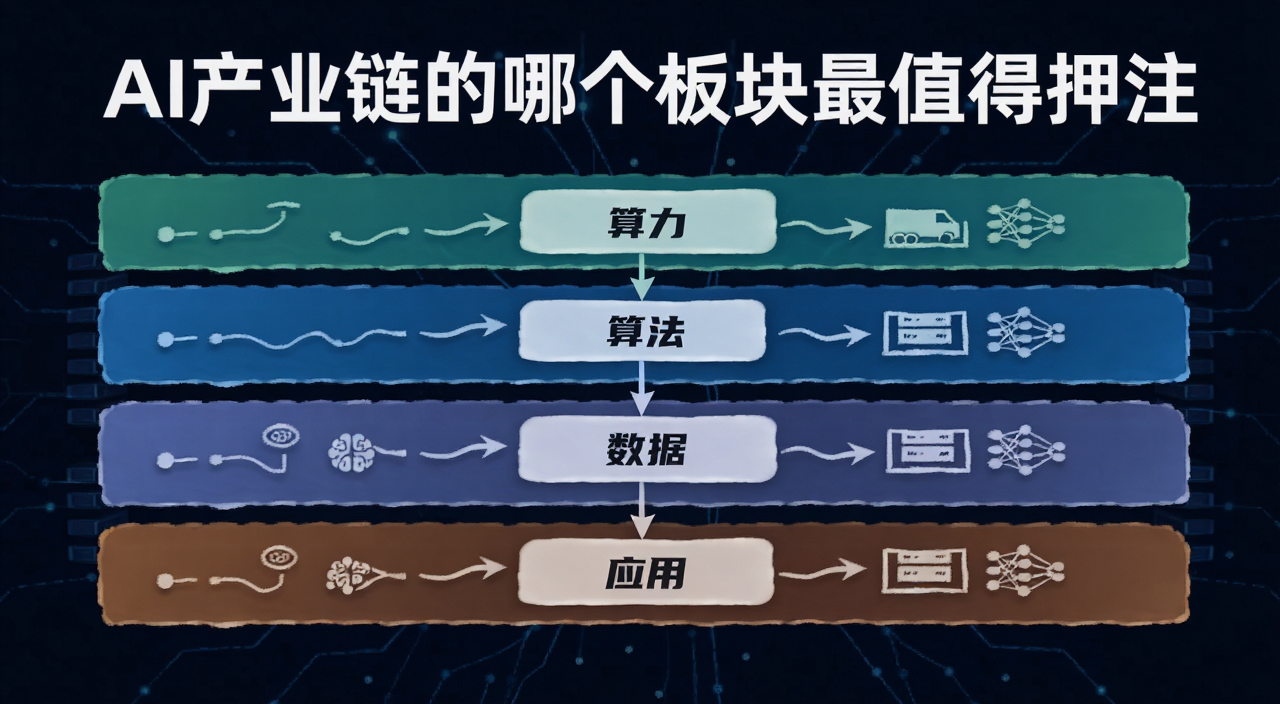 AI产业链核心板块示意图,标注算力、算法、数据、应用四大层级,图中文字用“AI产业链的哪个板块最值得押注”作为标题