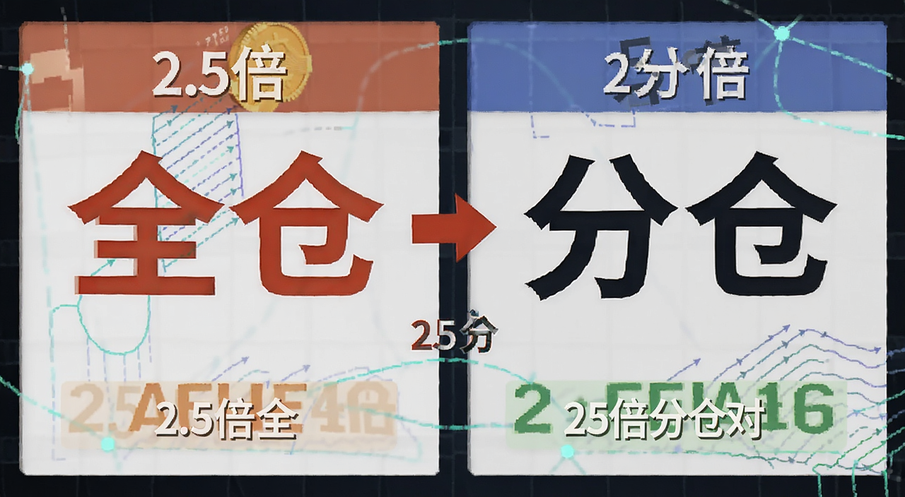 比特币杠杆交易策略 2.5倍全仓与25倍分仓对比图 包含文字“全仓”和“分仓”