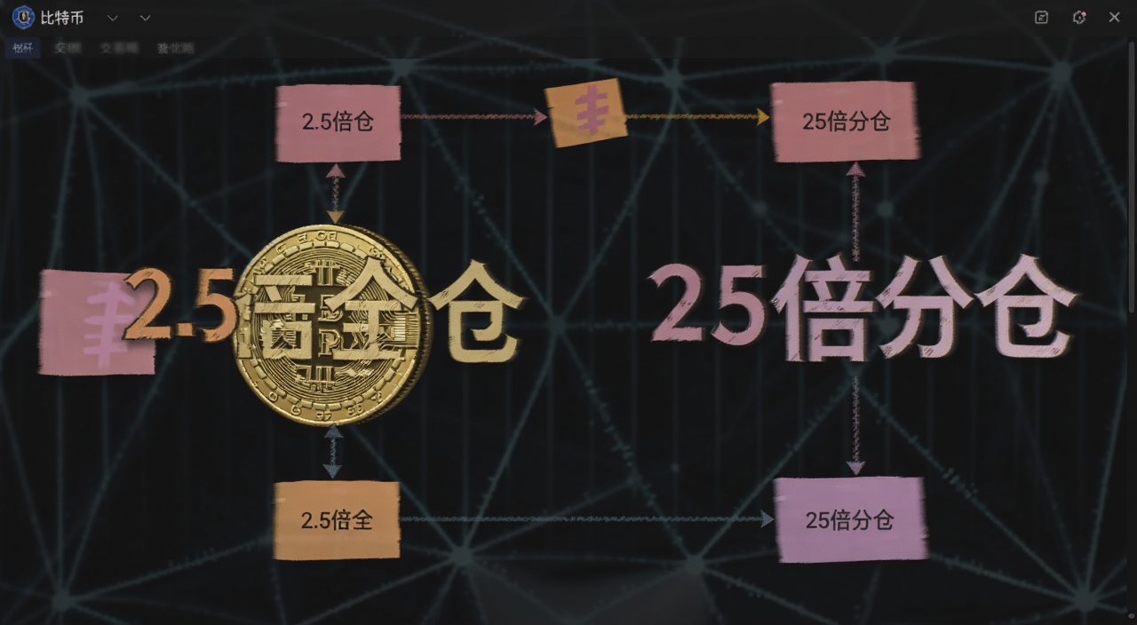 比特币杠杆交易策略选择流程图 包含文字“2.5倍全仓”和“25倍分仓”