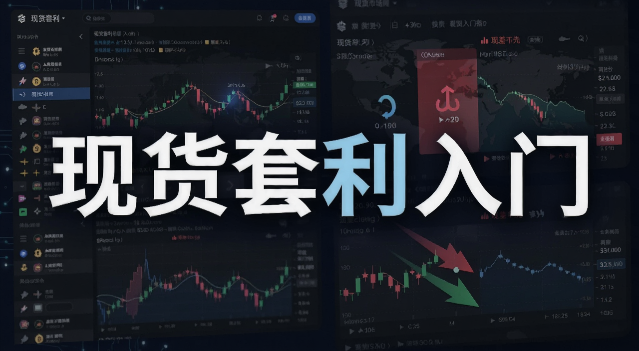 加密市场现货套利入门指南封面图,展示数字货币交易所界面与价差对比图表,画面中央用大字标注“现货套利入门”