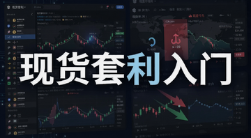 加密市场现货套利入门指南封面图,展示数字货币交易所界面与价差对比图表,画面中央用大字标注“现货套利入门”