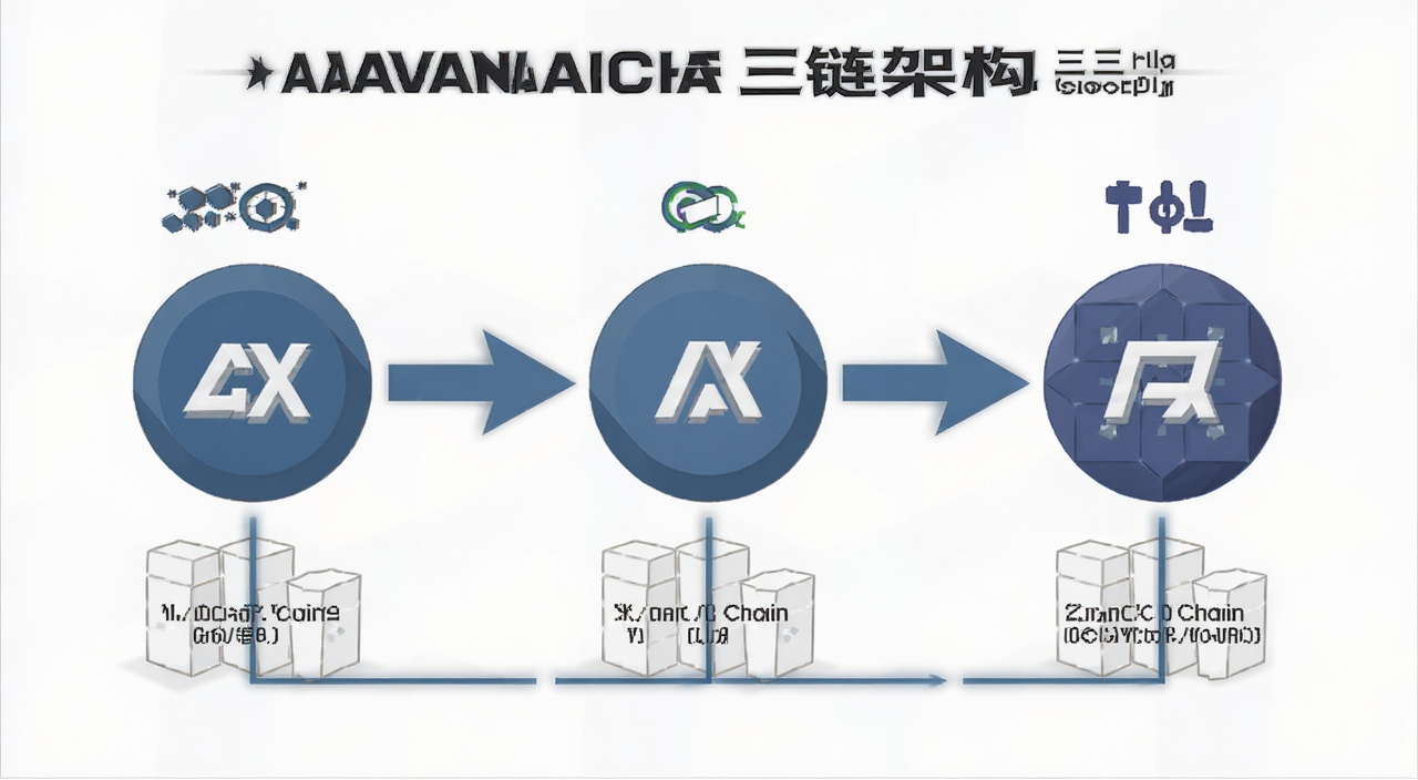 AVAX币三链区块链工作原理示意图,图中标注X链C链P链各自功能,文字注明Avalanche三链架构