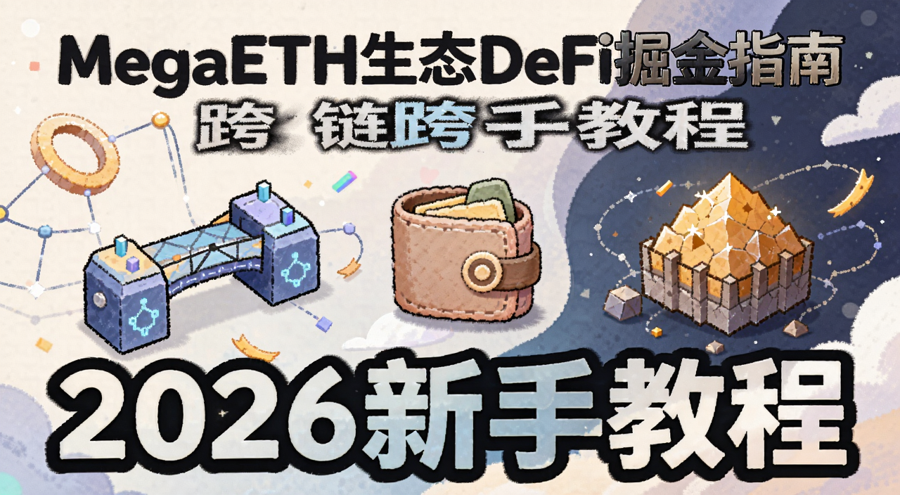 插画风格展示MegaETH生态DeFi掘金指南主题,画面中有跨链桥、钱包、矿池图标,文字标注“2026新手教程”