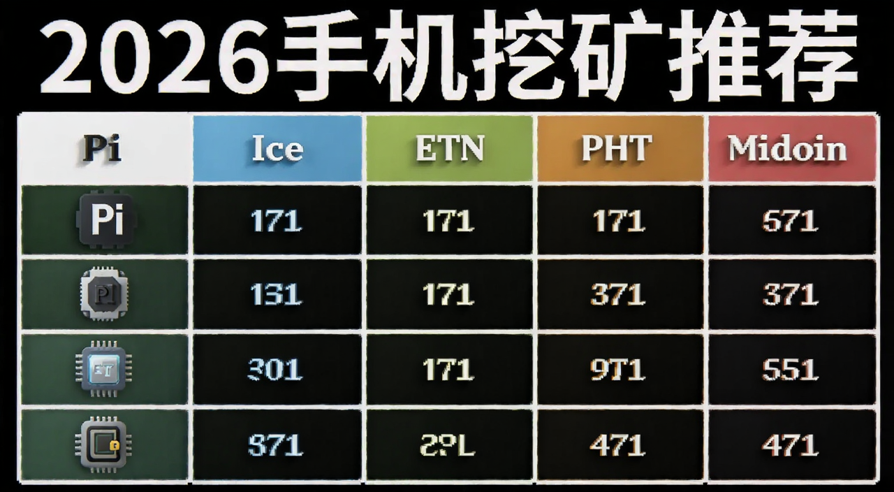 五种手机挖矿虚拟币对比表格,包含Pi、Ice、ETN、PHT、Midoin,文字标注“2026手机挖矿推荐”