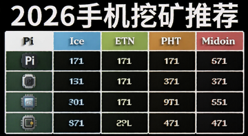 五种手机挖矿虚拟币对比表格,包含Pi、Ice、ETN、PHT、Midoin,文字标注“2026手机挖矿推荐”