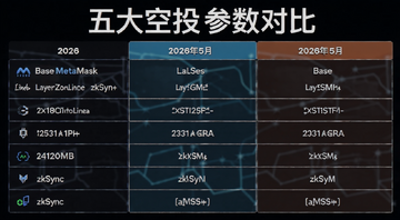 2026年5月五大空投项目对比表格 包含Base MetaMask LayerZero Linea zkSync 文字“五大空投参数对比”