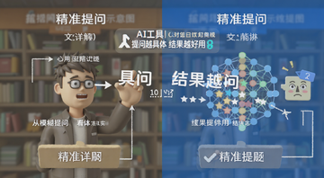 一文详解AI工具提问技巧示意图,展示从模糊提问到精准提问的对比,文字标注“提问越具体 结果越好用”