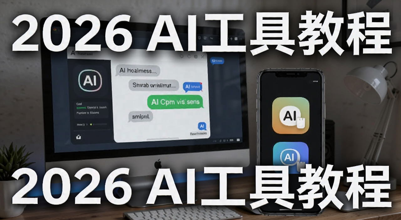 一文详解2026年最新AI工具使用教程封面图,画面包含电脑屏幕显示AI对话界面和手机端AI工具图标,文字标注“2026 AI工具教程”