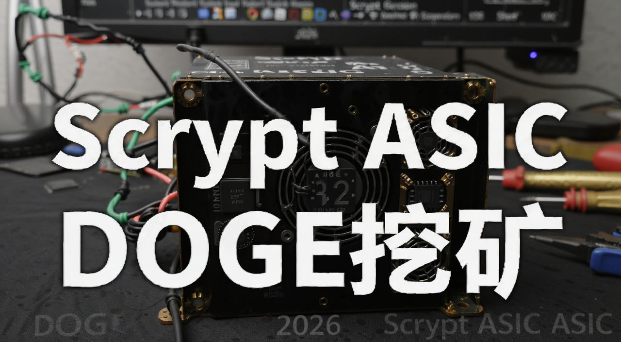 2026年狗狗币挖矿 Scrypt ASIC矿机实拍图,图中文字标注“Scrypt ASIC”和“DOGE挖矿”