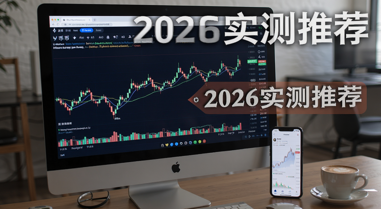 以太币即时价格追踪工具推荐桌面版App比价场景图,画面中电脑屏幕显示以太坊K线图,旁边手机打开行情App,桌上放着咖啡,文字标注