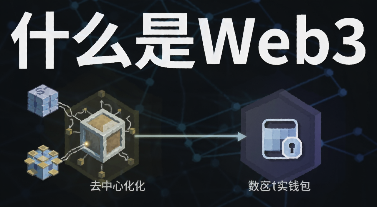 什么是Web3概念示意图,包含区块链、去中心化、数字钱包等核心元素,画面中有文字