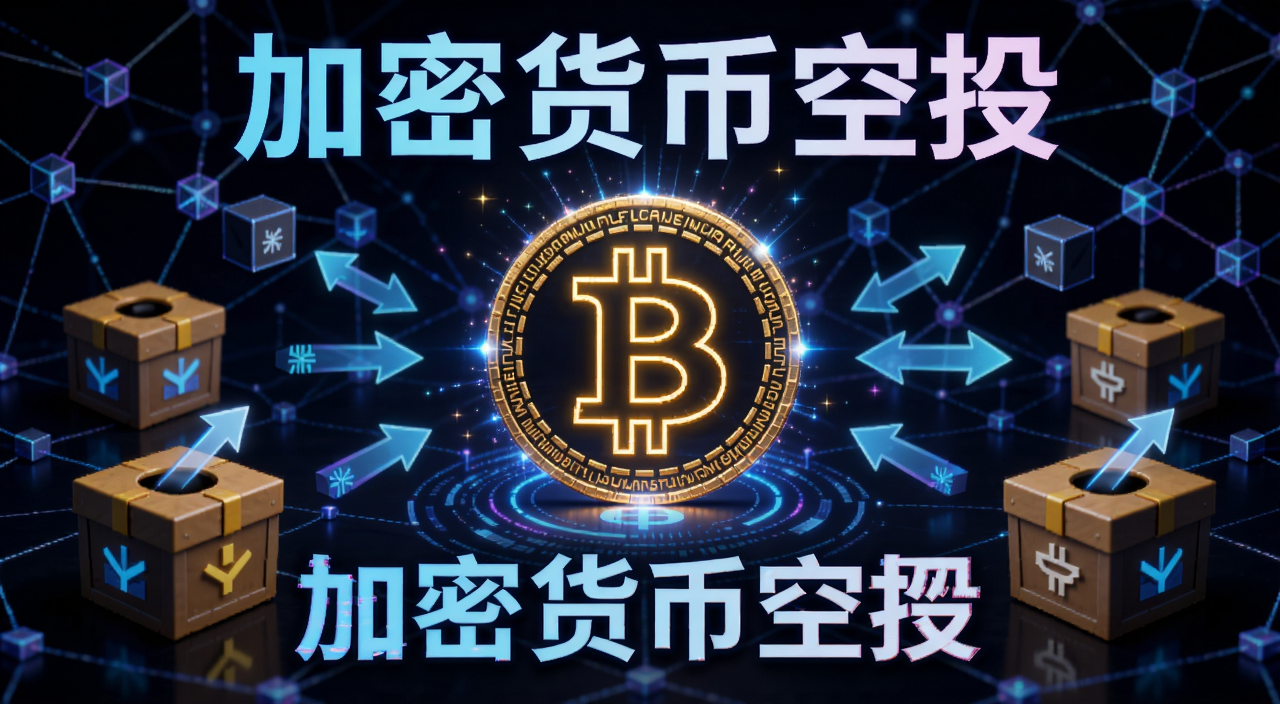 加密货币空投教程主题图,画面中央是一枚发光的数字货币符号,周围环绕多个空投箱和箭头,背景是区块链网络节点,风格科技感,文字标注“加密货币空投”