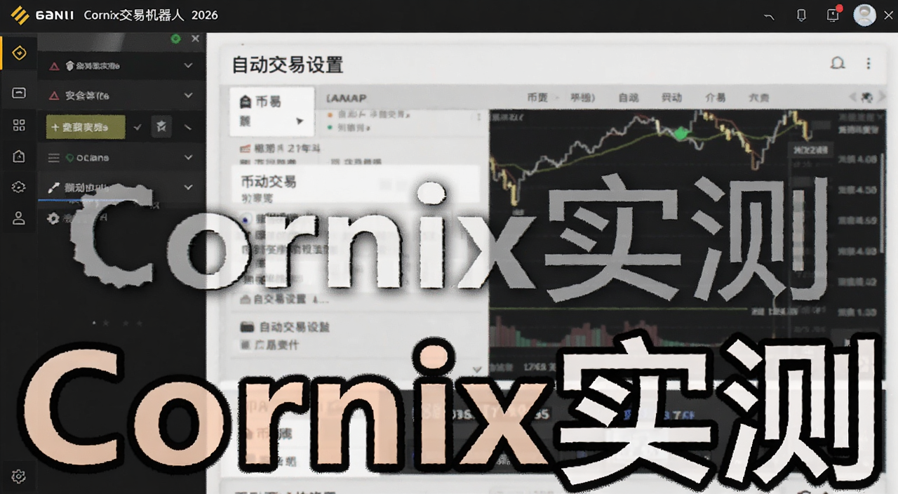 Cornix交易机器人2026年功能评测界面截图,包含币安交易所绑定和自动交易设置面板,文字标注“Cornix实测”