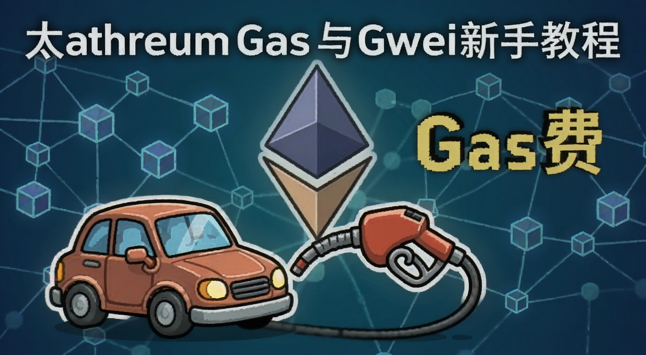 以太坊Gas与Gwei新手教程配图,画面中央是一个卡通风格的以太坊图标正在给一辆小汽车加油,加油枪上写着Gwei,背景是区块链网络节点,文字标注Gas费三个字