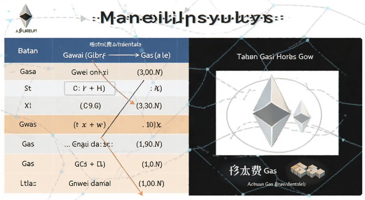 以太坊Gas用量对比表格,Gas费计算示意图,标注Gwei和Gas区别