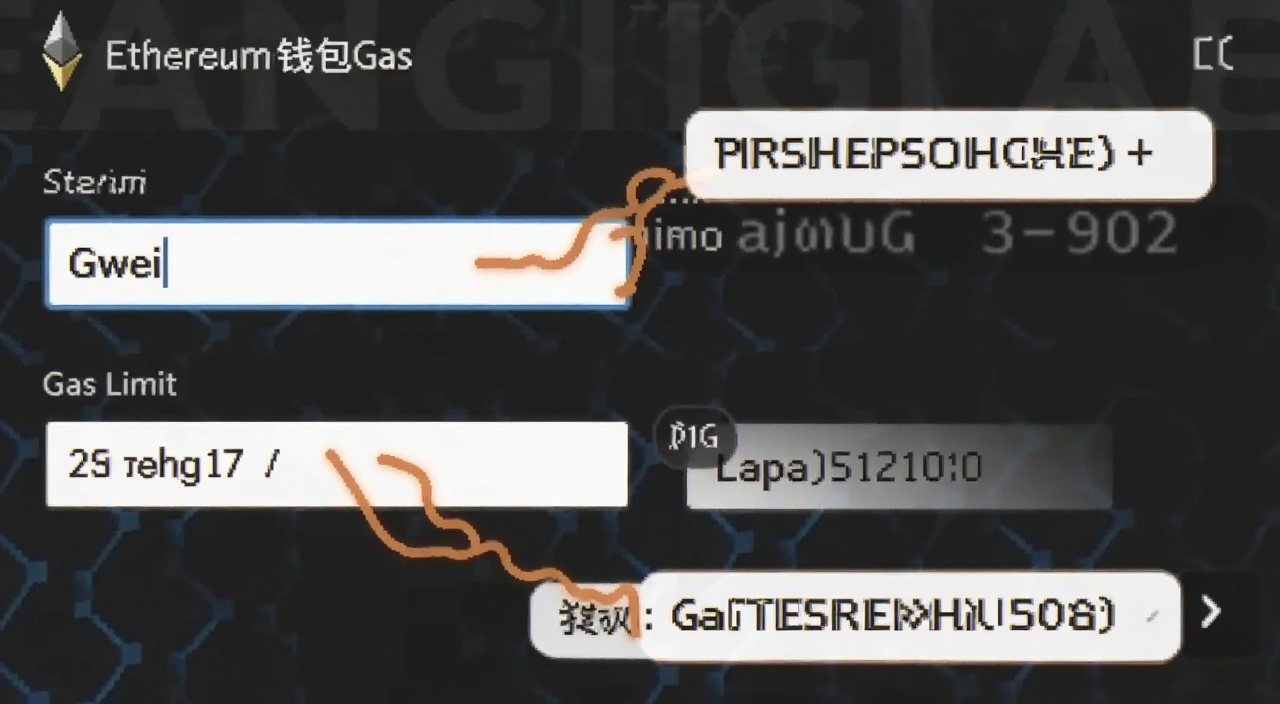 以太坊钱包Gas设置界面截图,显示Gwei输入框和Gas Limit,标注新手建议