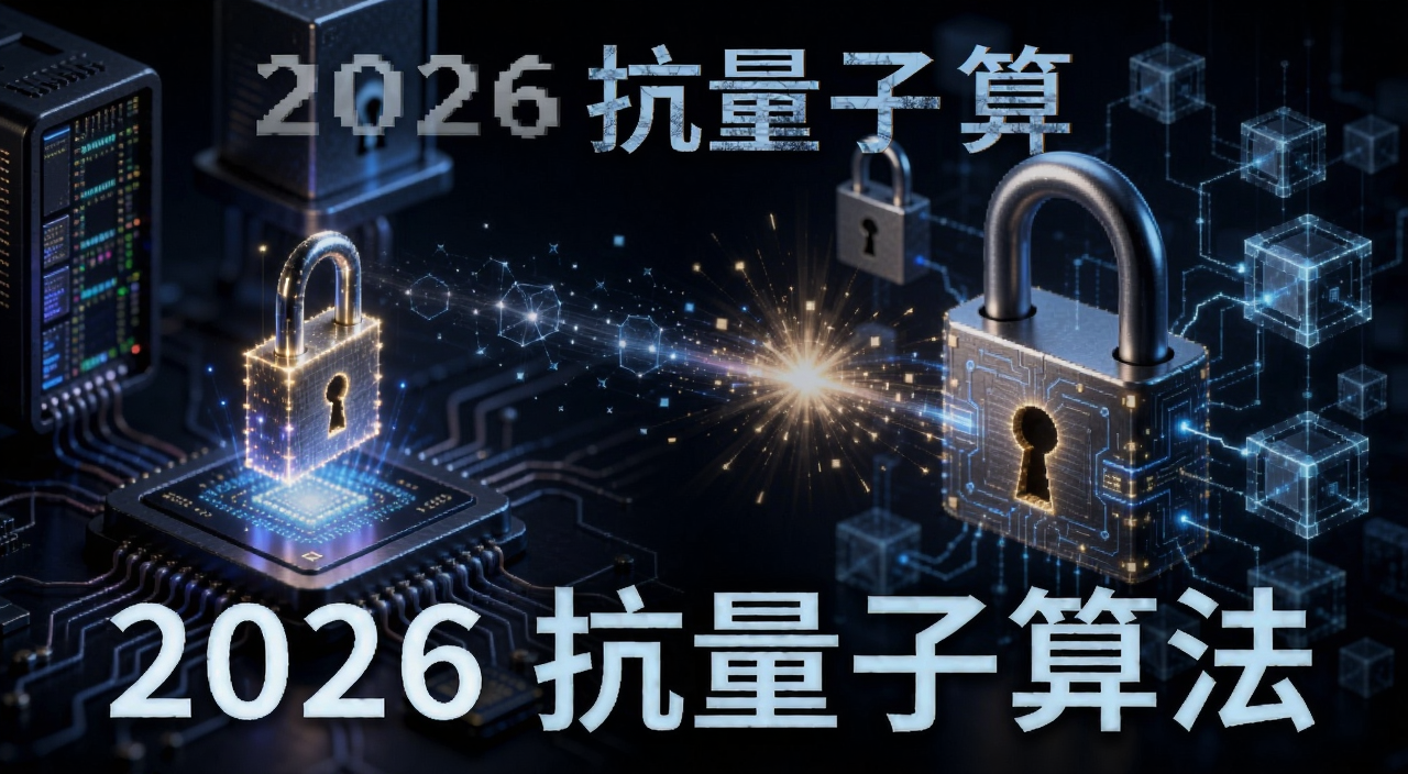 2026年加密货币抗量子技术指南主题图,展示量子计算机与区块链加密锁的对抗概念图,文字标注“2026 抗量子算法”