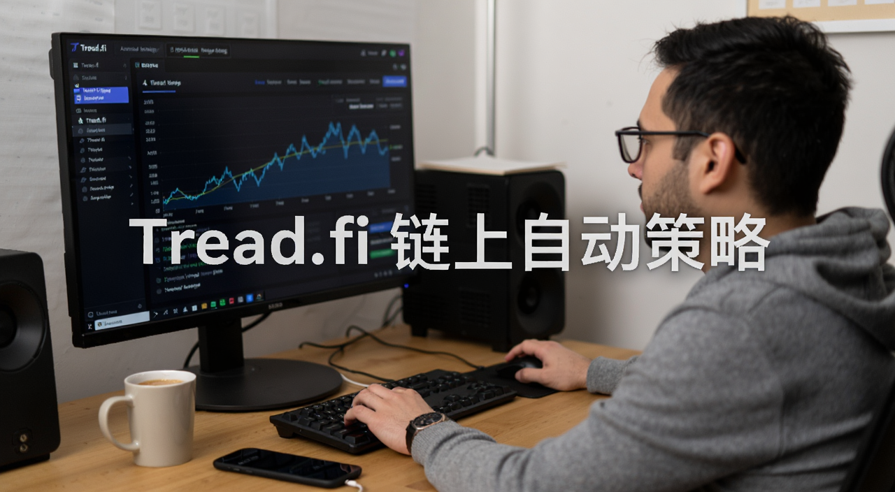一个普通散户坐在电脑前看着链上自动策略界面,屏幕上显示Tread.fi的机器人运行面板,旁边有咖啡杯和手机,整体氛围轻松真实,画面中央用文字标注“Tread.fi 链上自动策略”