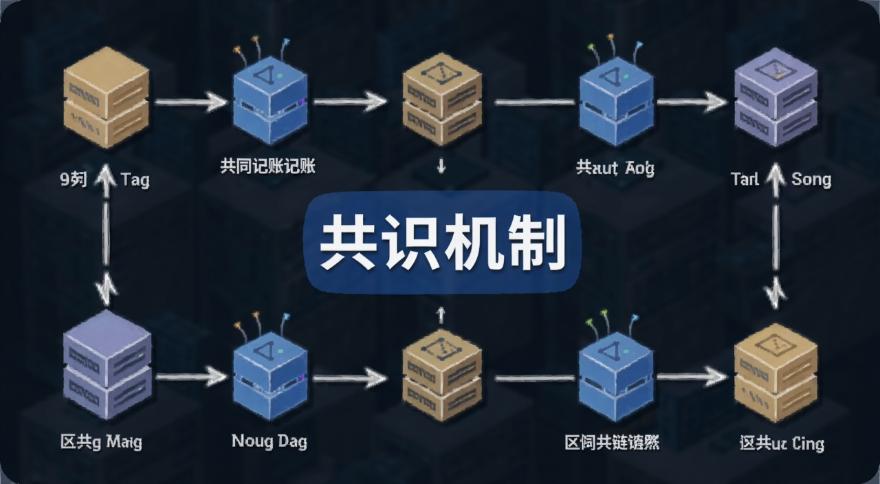 什么是共识机制 区块链节点共同记账场景示意图,文字注明“共识机制”
