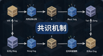 什么是共识机制 区块链节点共同记账场景示意图,文字注明“共识机制”