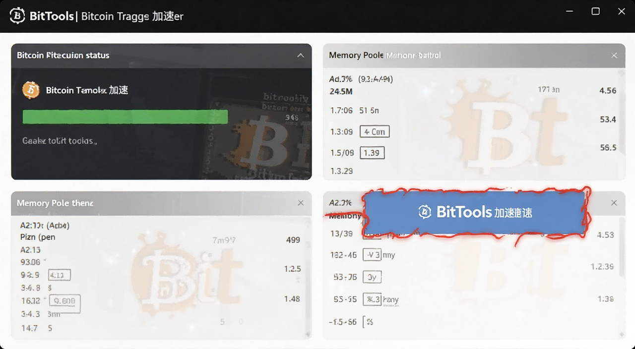 BitTools比特币交易加速器界面截图,展示比特币转账加速状态和内存池数据,标注BitTools加速功能按钮