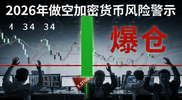 2026年做空加密货币风险警示图,画面是一根巨大的绿色阳线穿透空头止损线,旁边写着“爆仓”两个红字,背景是恐慌的交易员剪影