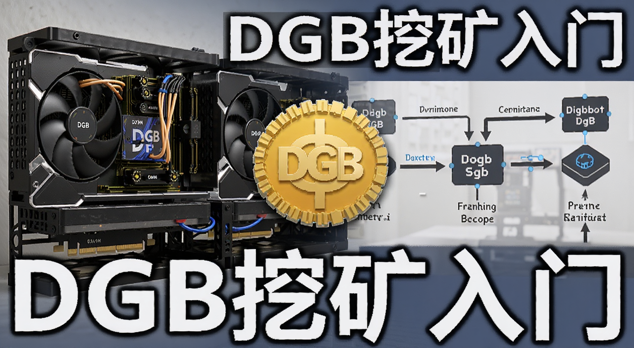 Digibyte DGB币挖矿教程配图,画面展示显卡矿机、DGB币图标和矿池连接示意图,文字标注“DGB挖矿入门”
