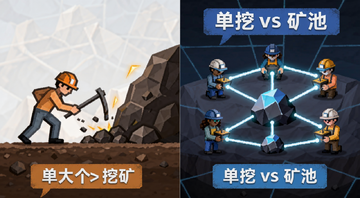 单人挖矿与矿池挖矿区别对比示意图,左边一个人挖矿,右边一群人连到矿池,文字标注“单挖 vs 矿池”